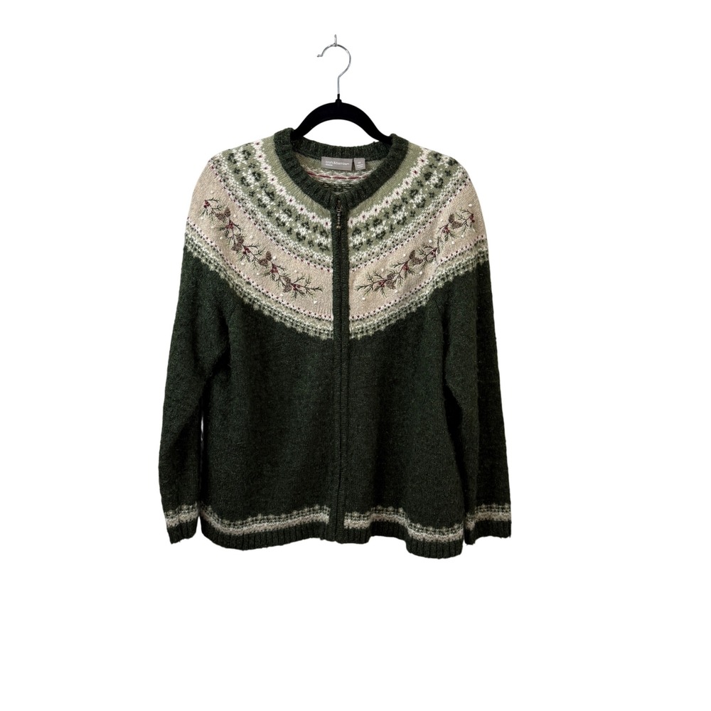 Croft & Barrow Womens 1X Green Fair Isle Silk‎ Blend Zip Front Cardigan Sweater